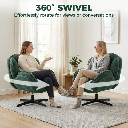 Modern Wingback Accent Chair, Velvet Armchair with Four-Star Base, S-Springs, 360° Swivel, Dark Green