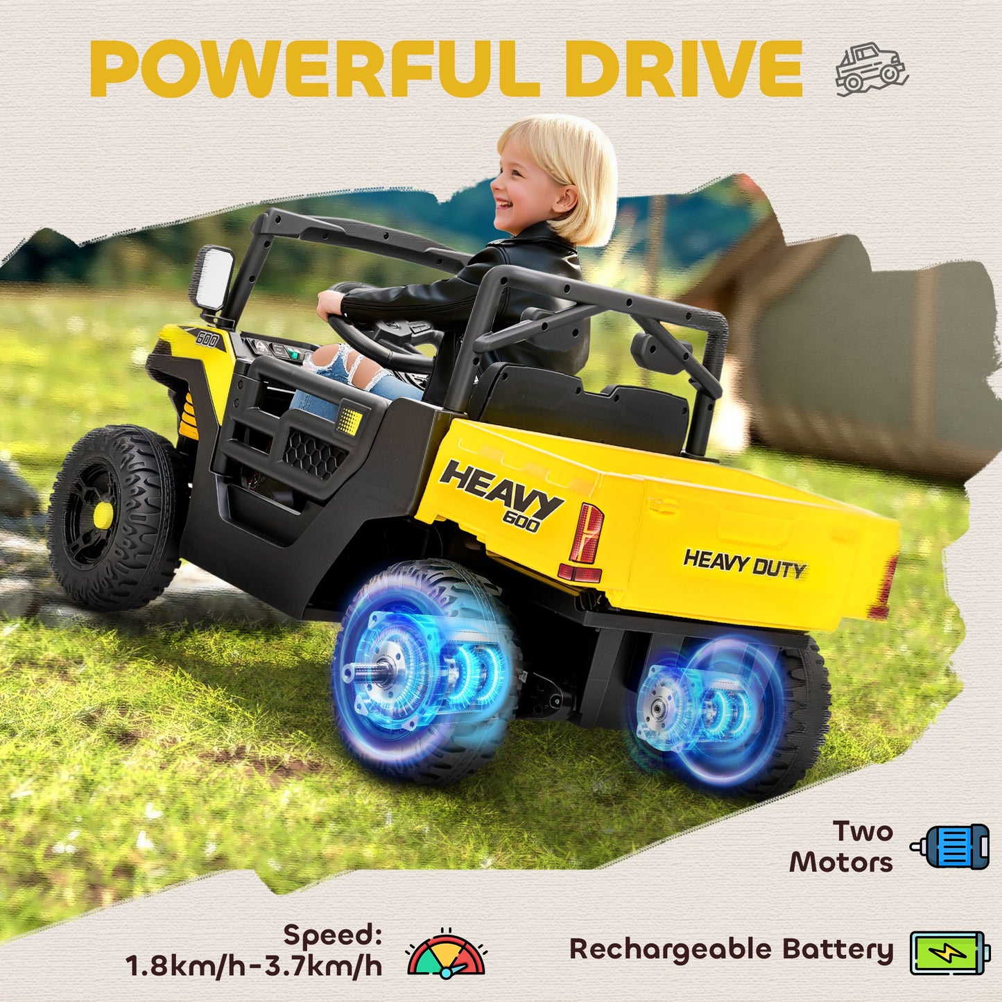 AIYAPLAY Kids Ride on Car, 12V Electric Kids UTV with Electric Dump Bed, 4-Wheel Suspension for 3-8 Years