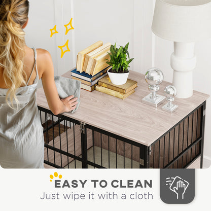 Dog Crate Furniture Side Table | 3 Doors | Washable Cushion | Steel Bar Ventilation | Dogs up to 20kg | 80 x 60 x 68cm | Walnut & Black