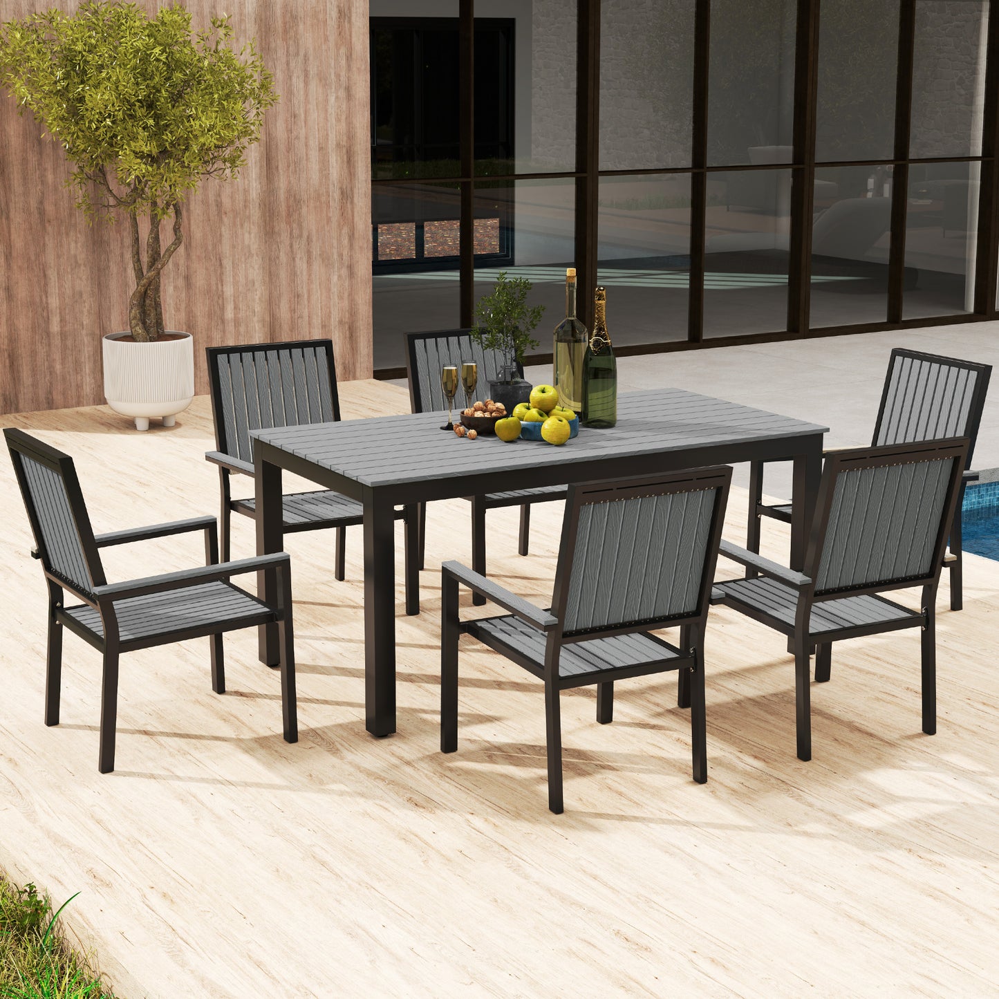 6 Seater Garden Dining Set with Stackable Chairs, Aluminium Frame, Rectangular Plastic Top, Garden Furniture Set, Outdoor Dining Table and Chairs