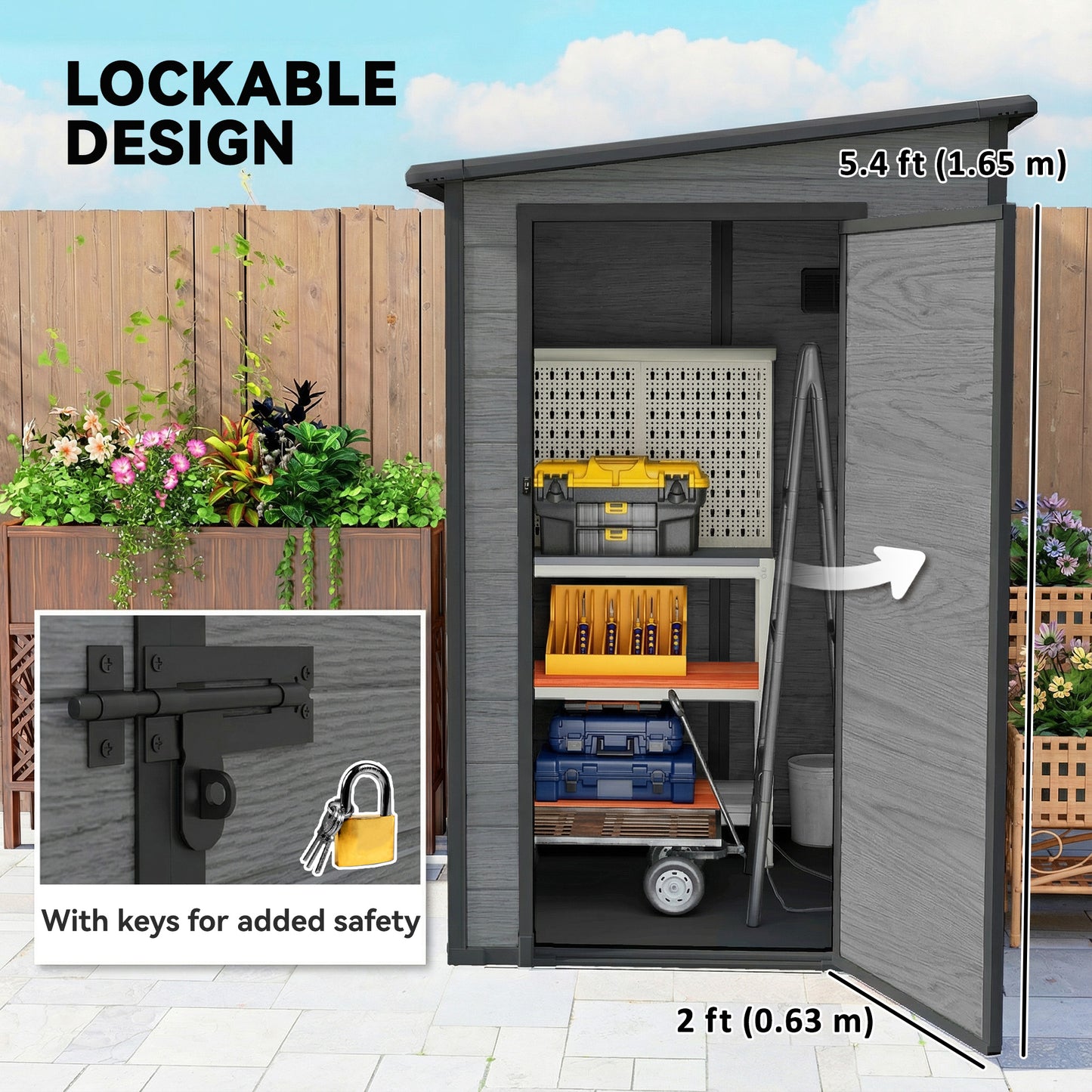 Aluminium Alloy & PP Lean-To Garden Storage Shed | Wood-Effect Finish | Lockable Door | Lock & 3 Keys | Window | Vent | Sloped Roof | 40kg/m² Snow Rating | 122x149x192cm | 1.54m²