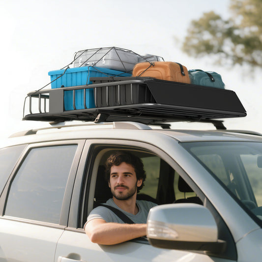 Universal Roof Rack Basket Tray, 90.7 kg Steel Car Rooftop Luggage Cargo Carrier Holder with Wind Fairing, Side Rails for SUVs, Pickups, Sedans, Off-Road Vehicles