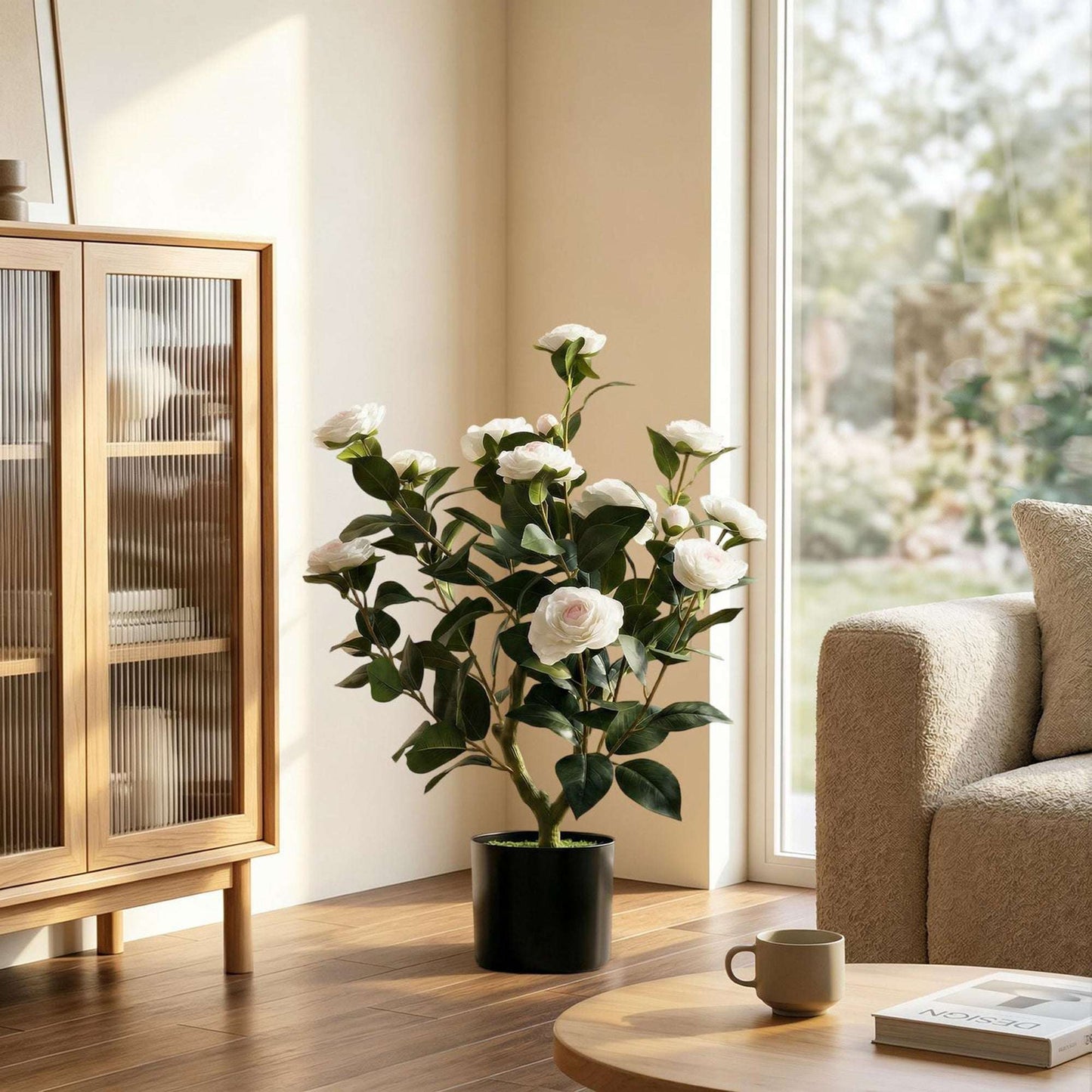 Artificial Camellia Flower Plant | 65cm | 116 PEVA Leaves | Silk Blossoms | Shapeable | Moss Effect Cement Pot | No Maintenance | White
