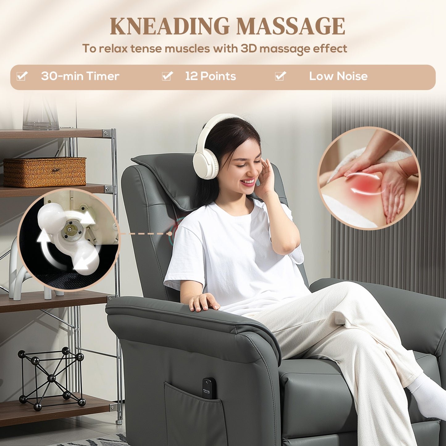 3D Kneading Massage Recliner Chair with Headrest, Breathable Leather Recliner Armchair, Electric Reclining Chair with Footrest, Remote with USB Port