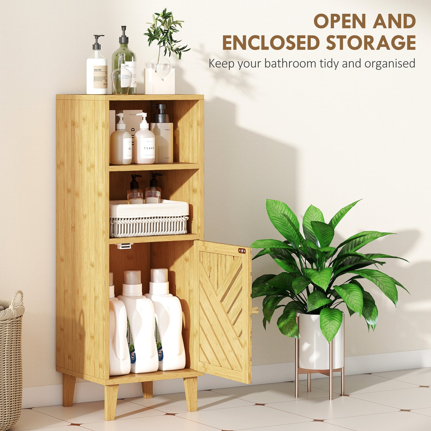 Slim Bathroom Cabinet with Bamboo Door and Legs, Narrow Bathroom Storage Cabinet, Freestanding Storage Cupboard with Open Compartments, 32 x 30 x 90 cm, Natural Wood Finish