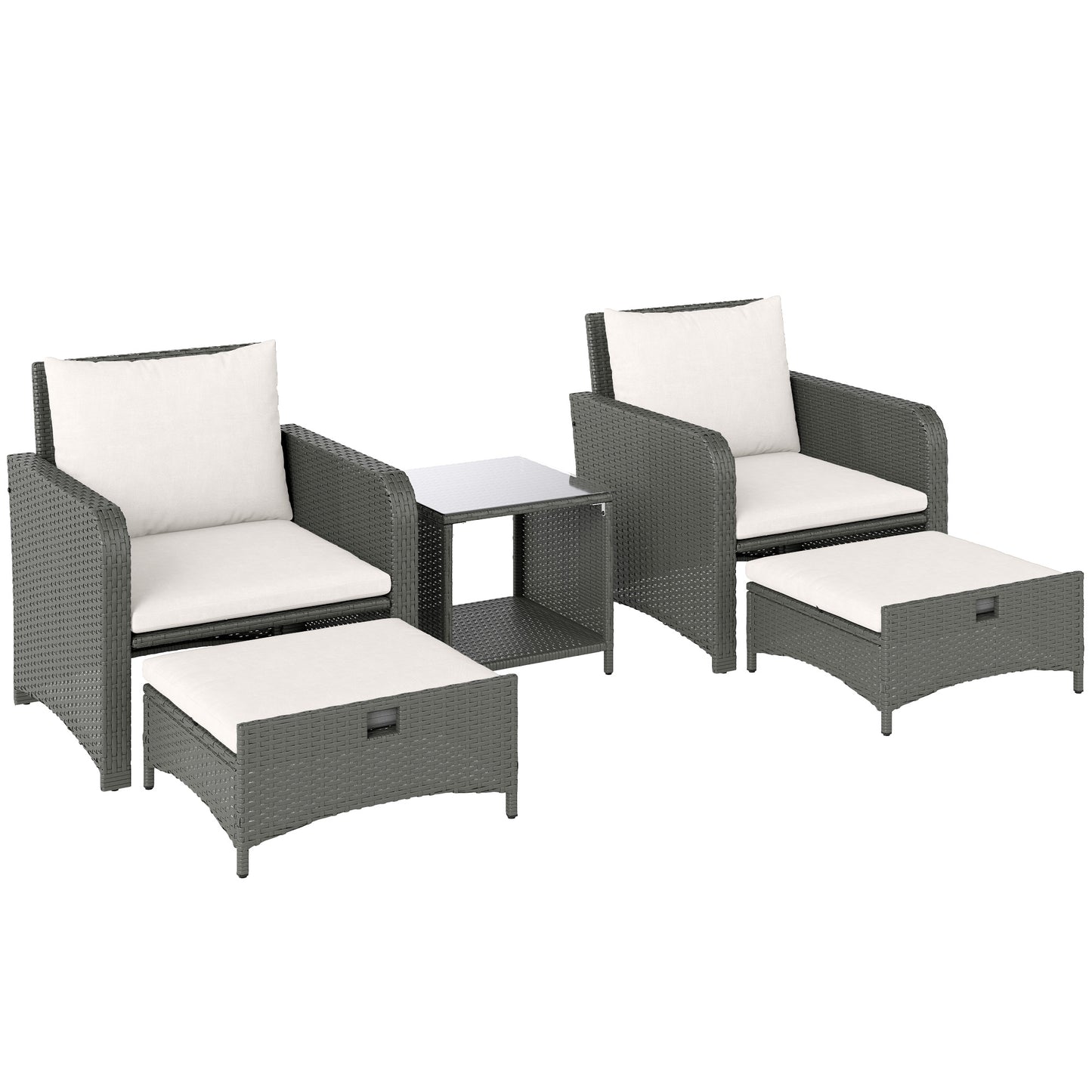 Five Piece Rattan Garden Furniture Set with 2-Tier Coffee Table and Ottomans  - Cream White