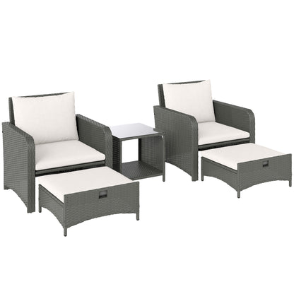 Five Piece Rattan Garden Furniture Set with 2-Tier Coffee Table and Ottomans  - Cream White