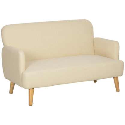 Vintage Retro Style Velvet Feel Fabric 2 Seater Sofa, Small Sofa Loveseat with 21cm Thick Padding and Wood Legs, Cream White