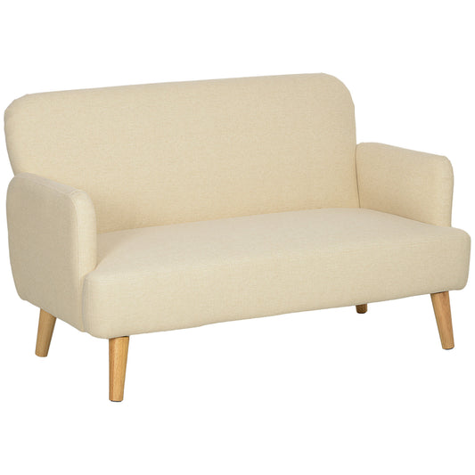 Vintage Retro Style Velvet Feel Fabric 2 Seater Sofa, Small Sofa Loveseat with 21cm Thick Padding and Wood Legs, Cream White