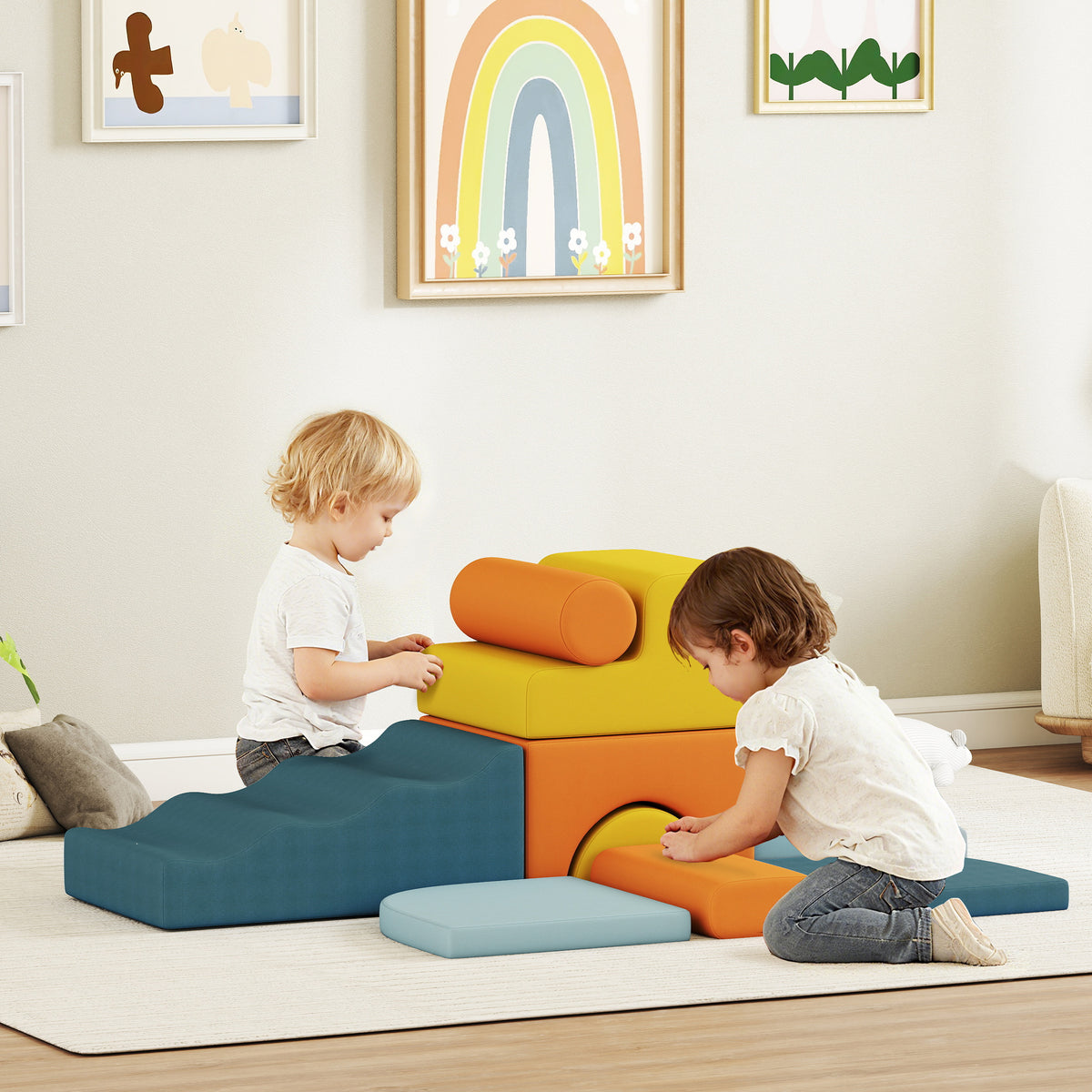 AIYAPLAY 9-Piece Soft Play Set | Multicoloured Foam Climbing & Crawling Blocks | Removable Machine-Washable Velvet Covers