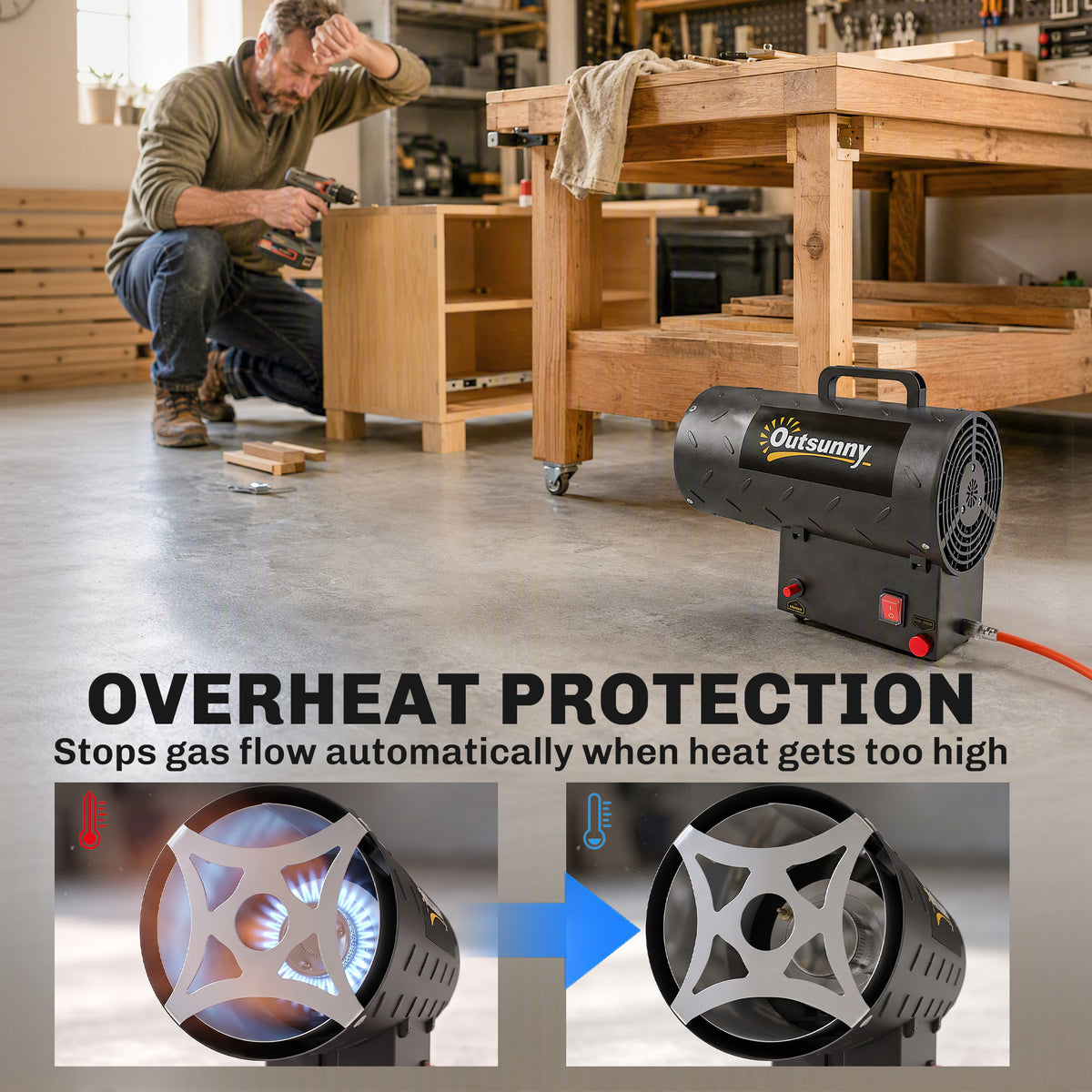 15 kW Gas Space Heater | 51,000 BTU Portable Forced-Air Fan | Workshop, Garage & Patio Heating | 150 m² | Black