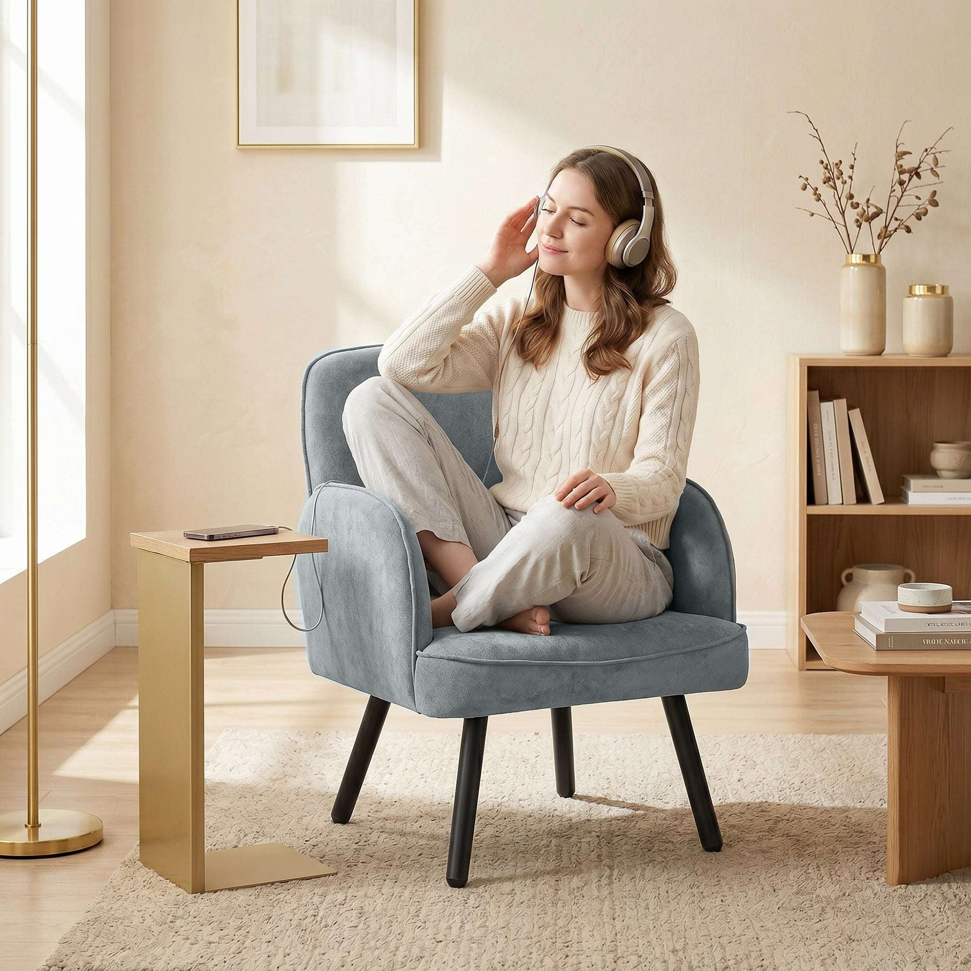 Velvet Upholstered Accent Armchair | 12.5cm Pocket Spring Seat | Carbon Steel Frame | Adjustable Feet | 120kg Capacity | 64x64x79.5cm | Grey