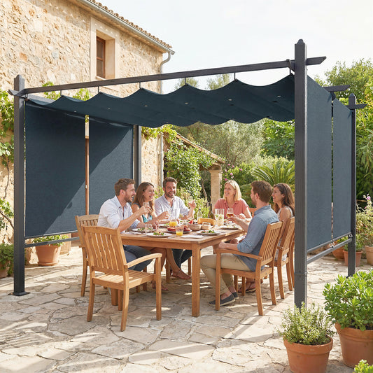 4x3m Garden Pergola | Retractable Roof Canopy | Roll-Up Sides | UV50+ | Rust-Resistant Aluminium | Smooth Sliding Rails | Windproof Level 6 | Snow Rated | Ground Stakes | Dark Grey