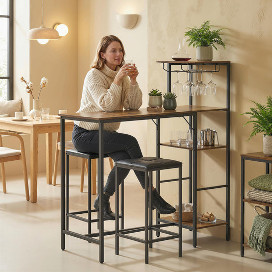 3-Piece Breakfast Bar Table & Stools Set | 4-Tier Shelving | Wine Glass Racks | Faux Leather Stools | Footrests | Rustic Brown