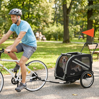 2-in-1 Dog Bike Trailer & Stroller | Mesh Windows | Plastic Curtain | Safety Harness, Flag & Reflectors | Foldable Quick-Release Wheels | Dogs up to 20kg | Grey