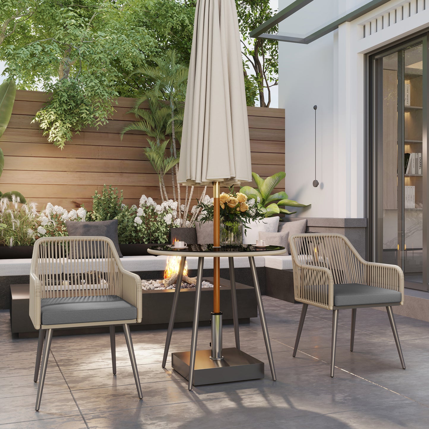 Outsunny 4 Seater Rattan Dining Set, Rattan Garden Furniture Set with Parasol Hole, Outdoor Dining Table and Chairs Set with Cushions, Round Glass Top Table