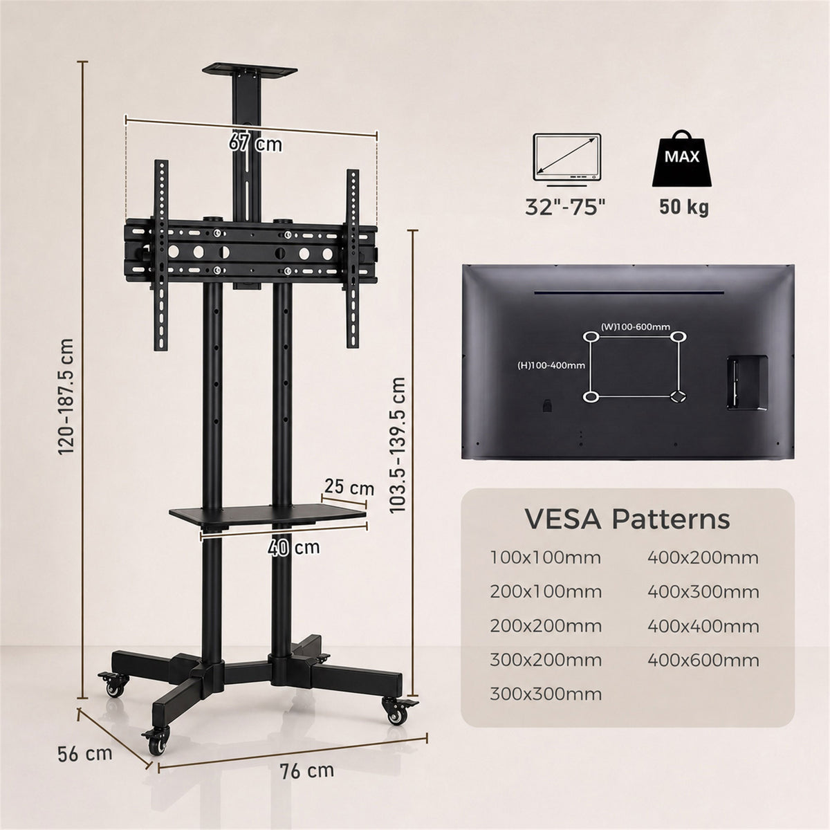 Mobile TV Stand on Wheels for 32-75 Inch TVs | 5-Level Height 120-187.5cm | ±15° Tilt | VESA up to 400x600mm | 50kg Load | 360° Locking Casters | Dual Shelves | Black