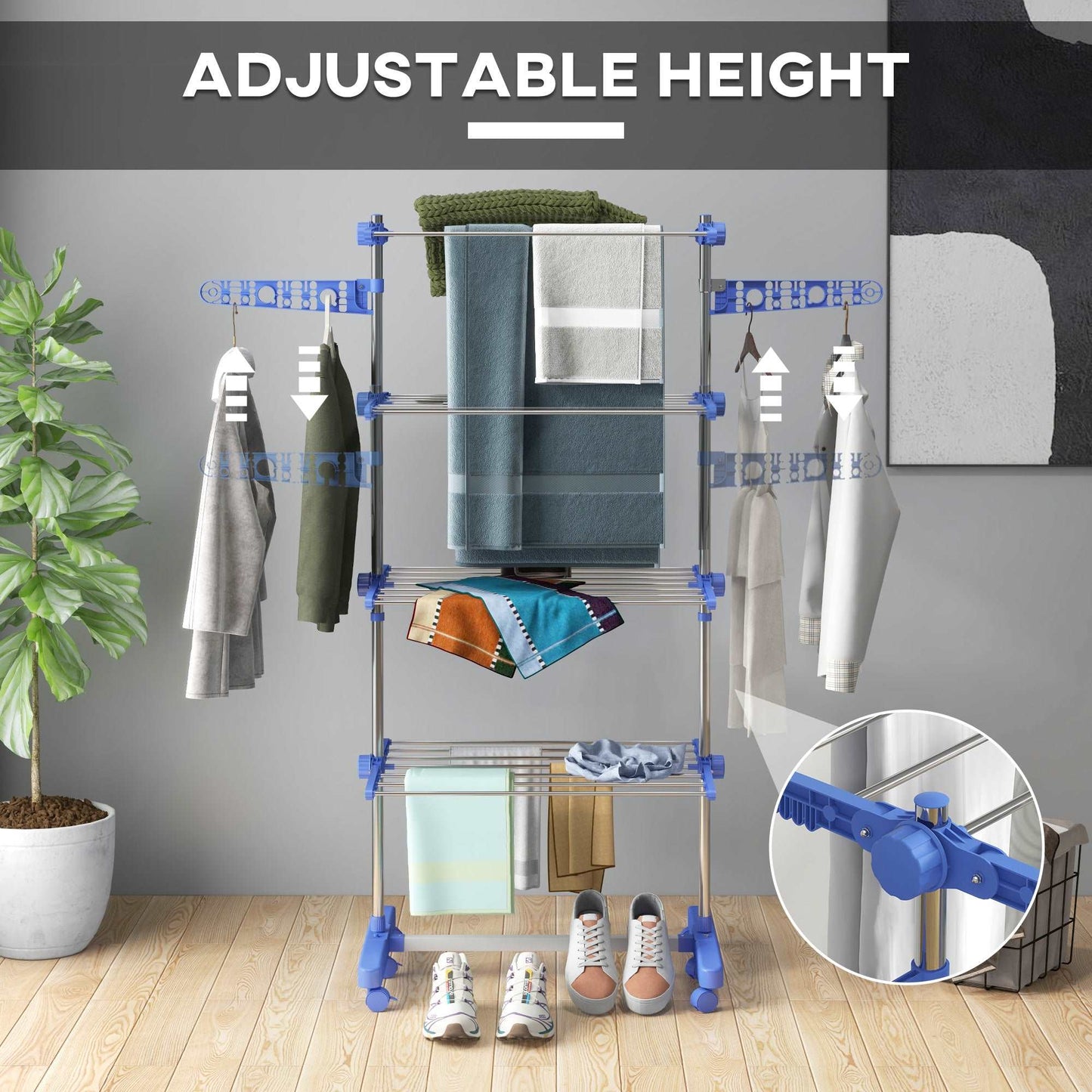 4-Tier Clothes Airer, Foldable Clothes Drying Rack, Indoor And Outdoor Clothes Dryer With Wheels and Wings, 142 x 55 x 172cm, Blue