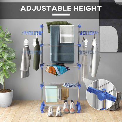 4-Tier Clothes Airer, Foldable Clothes Drying Rack, Indoor And Outdoor Clothes Dryer With Wheels and Wings, 142 x 55 x 172cm, Blue