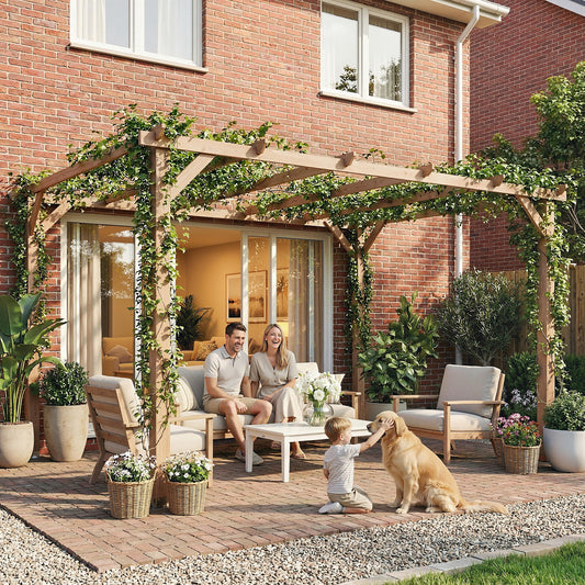 4 x 3 m Wooden Pergola Kit, Garden Pergola Gazebo Grape Trellis with Triangle Supports, 6 Beams, Maple Wood-effect