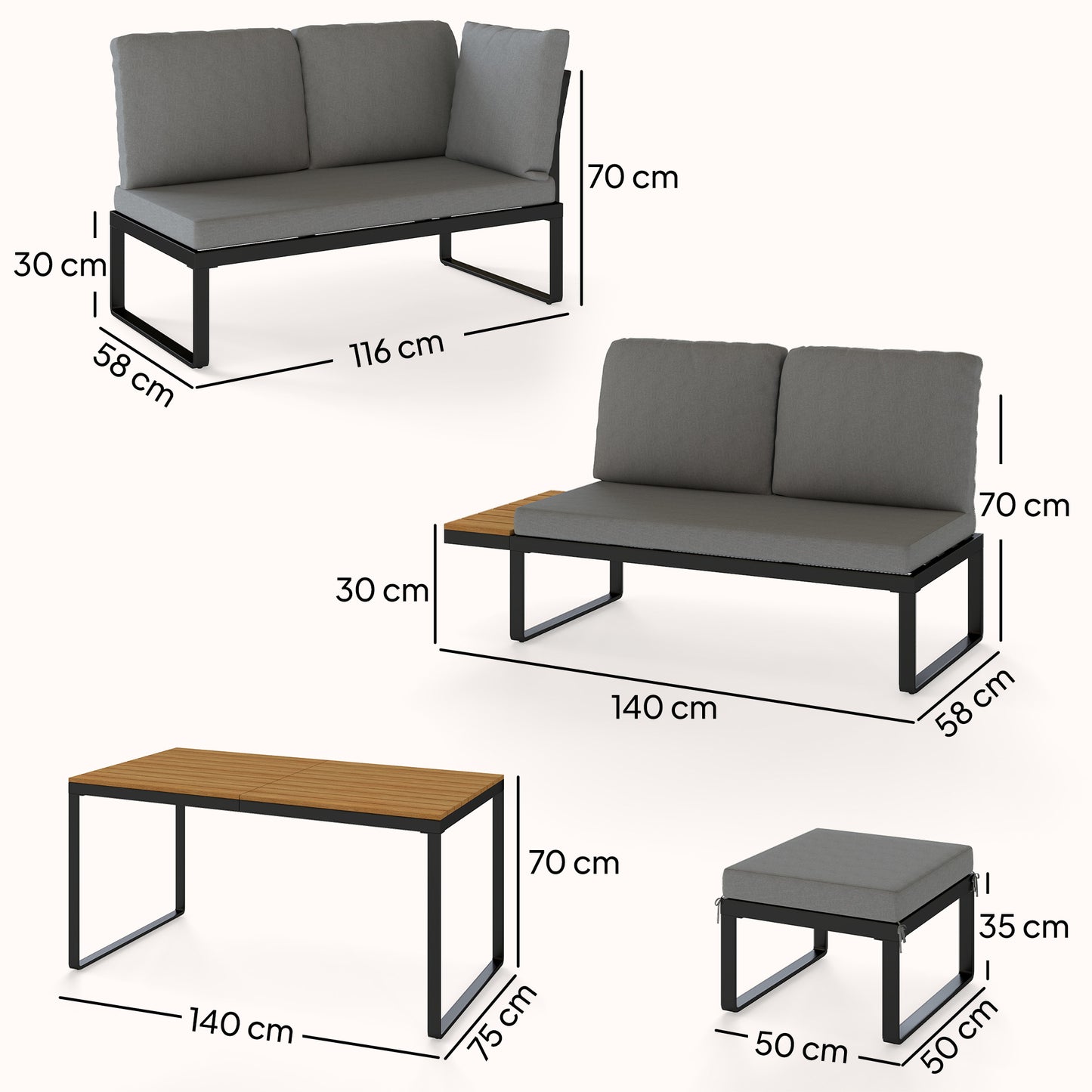 6-Piece Modular Garden Sofa Set | Dining Table | 8cm Cushions | Seats 6-8 | Grey