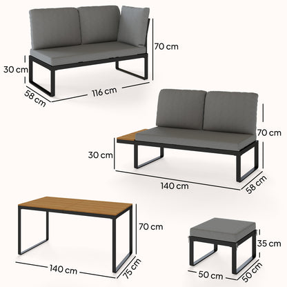 6-Piece Modular Garden Sofa Set | Dining Table | 8cm Cushions | Seats 6-8 | Grey
