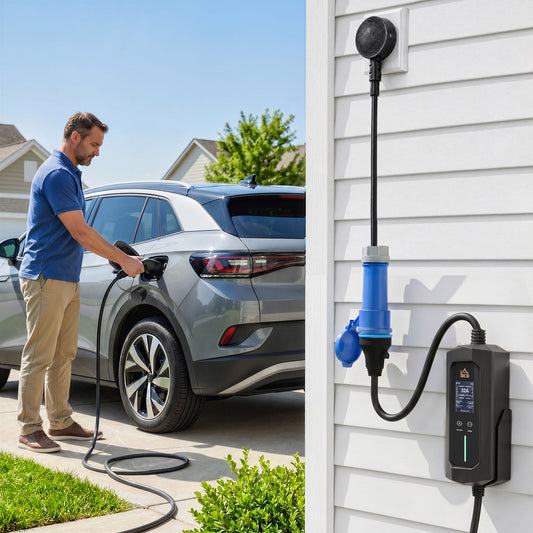 7kW Type 2 EV Charger | 10m IP65 TPU Cable | 6-32A Adjustable | LCD Display | 1-12h Delay Timer | ST MCU Chip | 2.8kW UK Plug Adapter | CE RoHS | -30°C to +50°C | Black