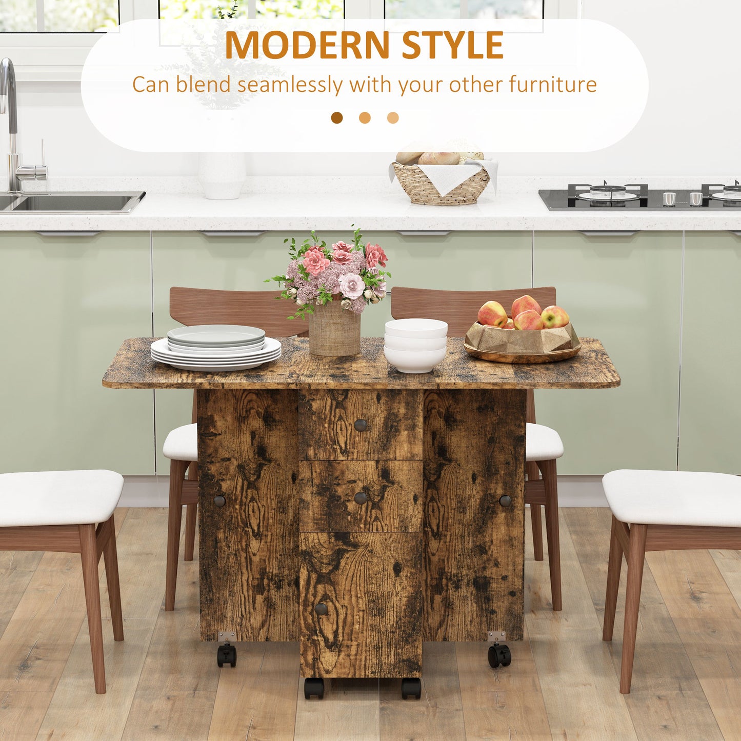 Multi-Storage Six-Person Drop Leaf Dining Table -  Rustic Brown