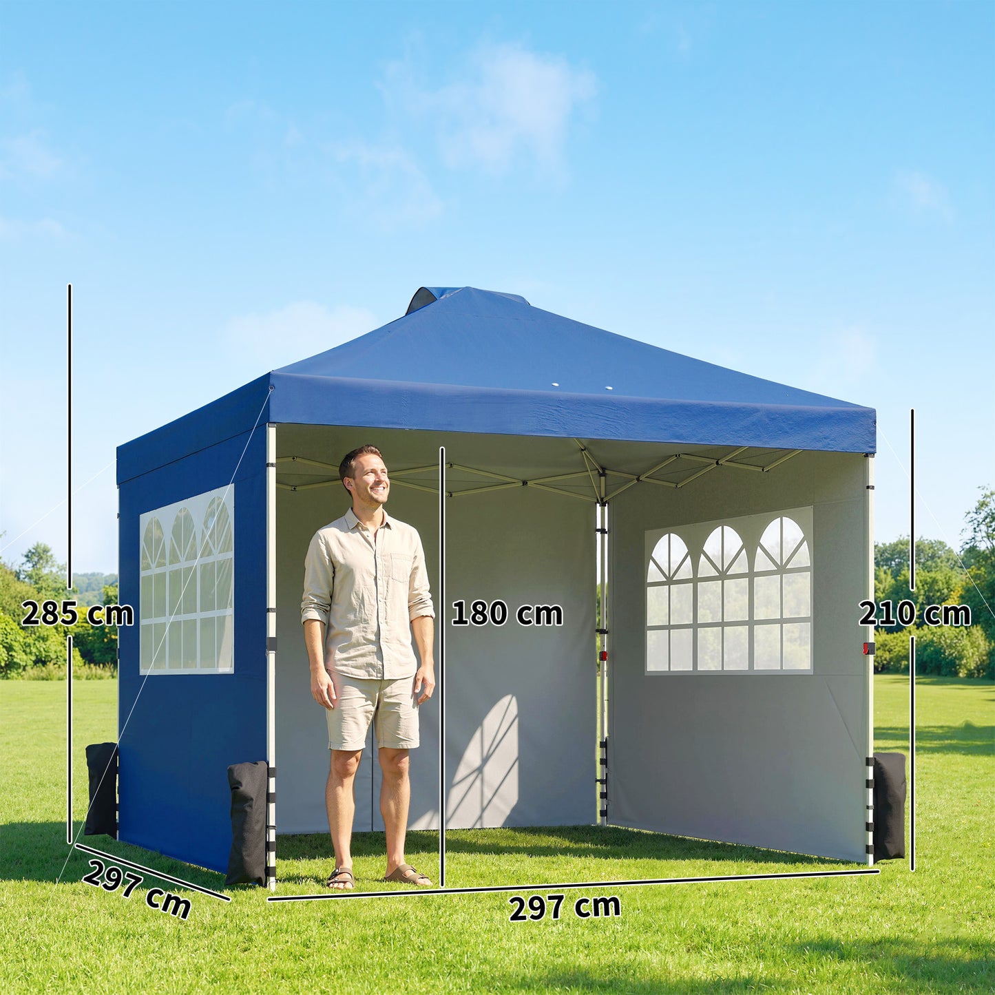 3x3m Pop Up Gazebo | UPF50+ Waterproof 210D Oxford | 3 Sidewalls | 2 Church Windows | 3 Height Settings | Wheeled Bag | Wind Level 4-6 | Dark Blue