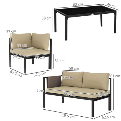 4 Piece Metal Garden Furniture Set with Tempered Glass Coffee Table, Breathable Mesh Pocket, Outdoor Conversational Corner Sofa, Khaki