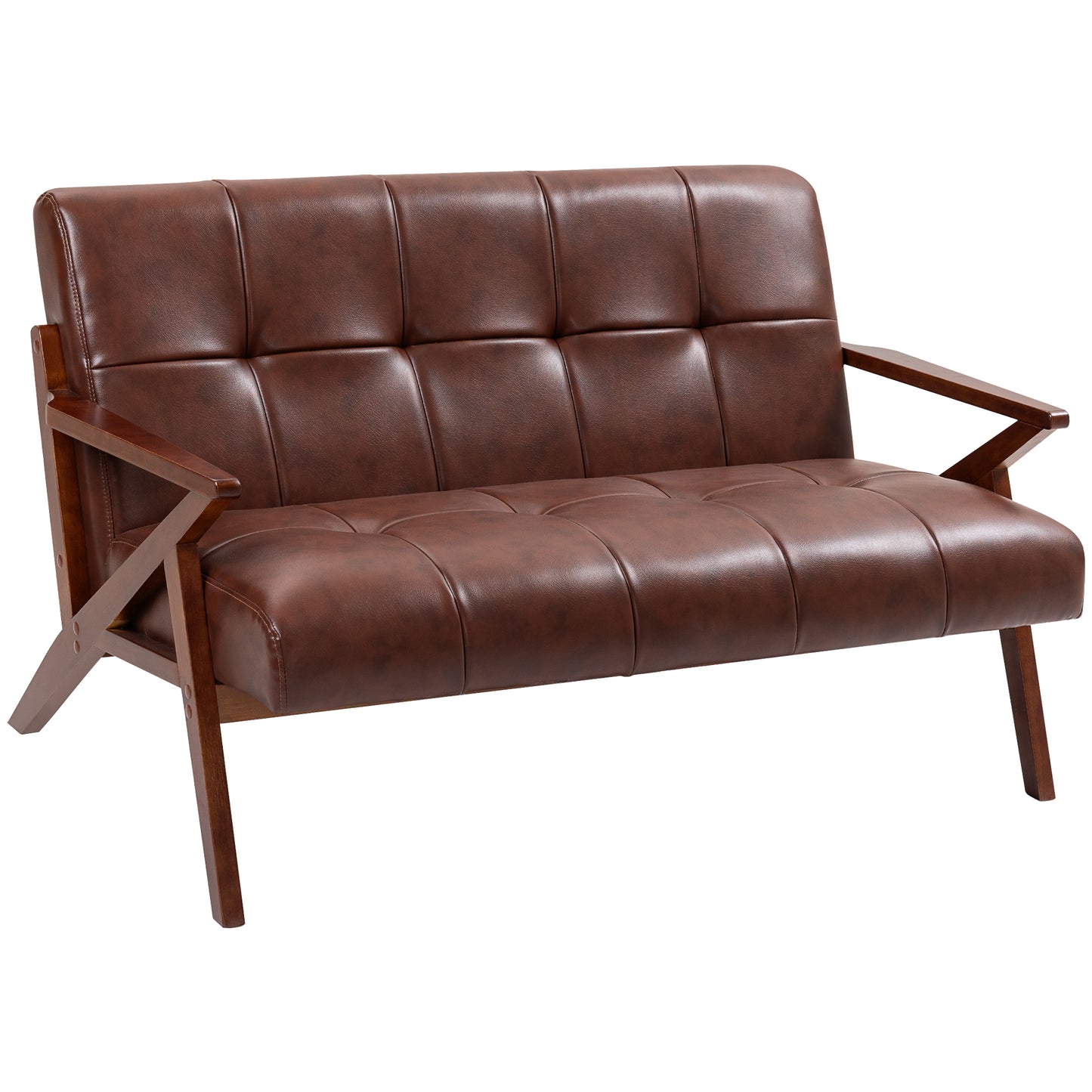 Retro Compact 2 Seater Sofa, Vintage Tufted Loveseat Sofa with Solid Wood Legs, PU Leather Small Couch Settee for Living Room, Bedroom, Home Office, 133 x 81 x 785 cm, Brown