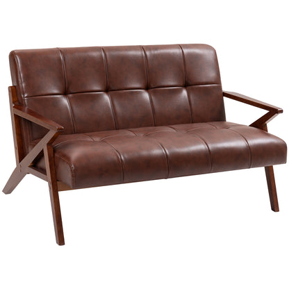 Retro Compact 2 Seater Sofa, Vintage Tufted Loveseat Sofa with Solid Wood Legs, PU Leather Small Couch Settee for Living Room, Bedroom, Home Office, 133 x 81 x 785 cm, Brown