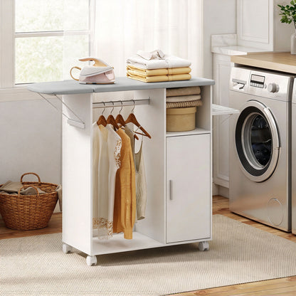 Rolling Ironing Board Cabinet | Folding Top, Clothes Rail & Adjustable Storage Shelf | Iron Holder, 4 Wheels & 2 Brakes | White/Grey