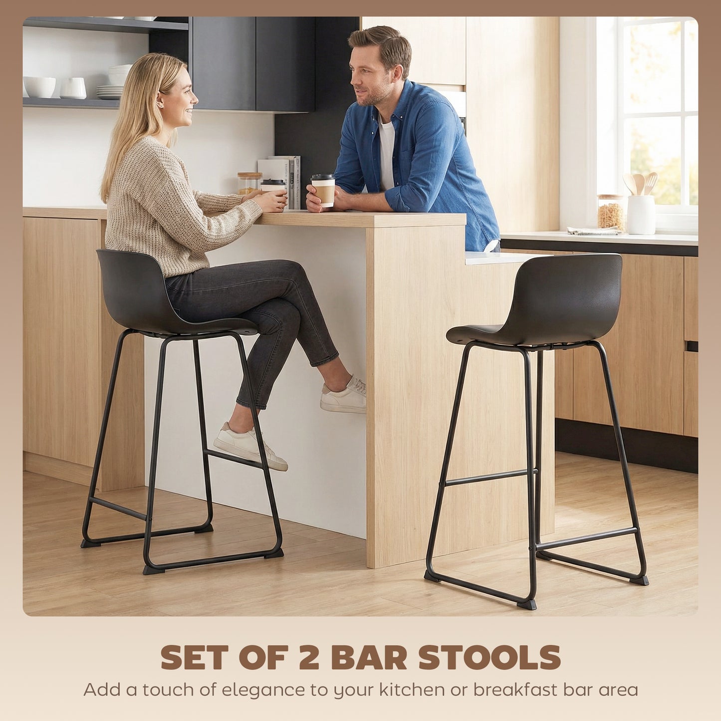 Modern Bar Stools Set of 2, PU Leather Barstools, Counter Height Kitchen Chairs for Breakfast Bars, Dining Room, Black