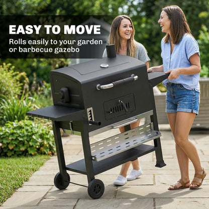 Outsunny Charcoal BBQ Grill Smoker with Electric Rotisserie Kit, Portable Barbecue Grill with Warming Rack, Black