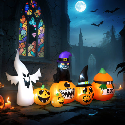 8 FT Halloween Inflatables Pumpkin Ghost and Cat Combo, Outdoor Halloween Decorations with 9 Built-in LEDs, Self-Inflating Blow Up Decor for Garden Party