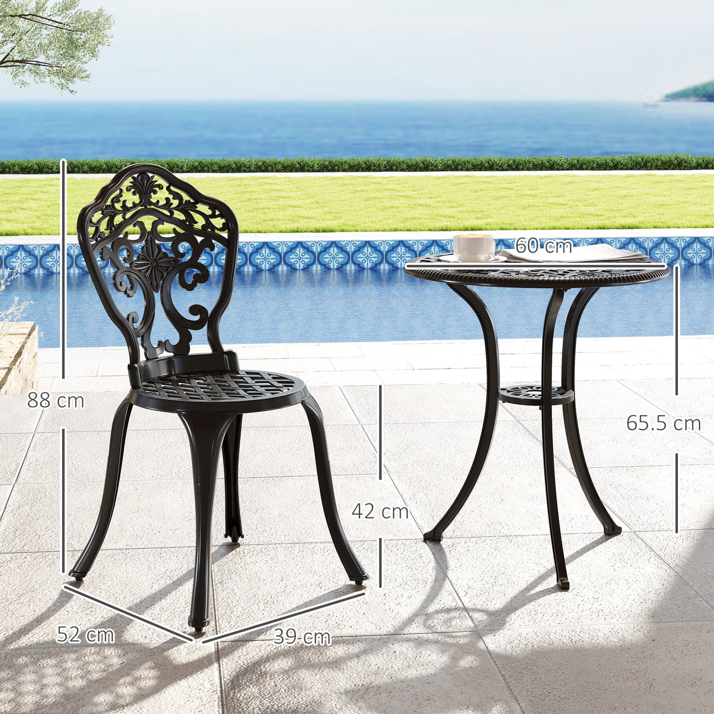 3 Piece Cast Aluminium Garden Bistro Set for 2 with Parasol Hole, Outdoor Coffee Table Set, Two Armless Chairs and Round Coffee Table