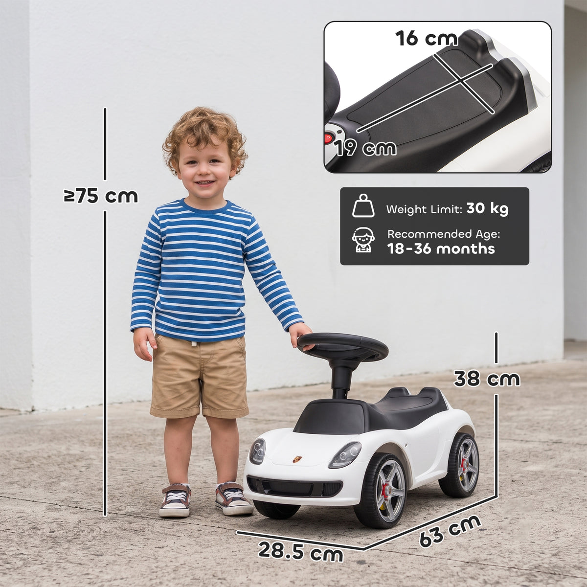 Porsche Licensed Kids Ride-On Push Car | Headlights | Horn & Start-Up Sound | Steering Wheel | PP Body | 30kg | Ages 18-36 Months | 75cm+ | 63x28.5x38cm | White / Pink / Black