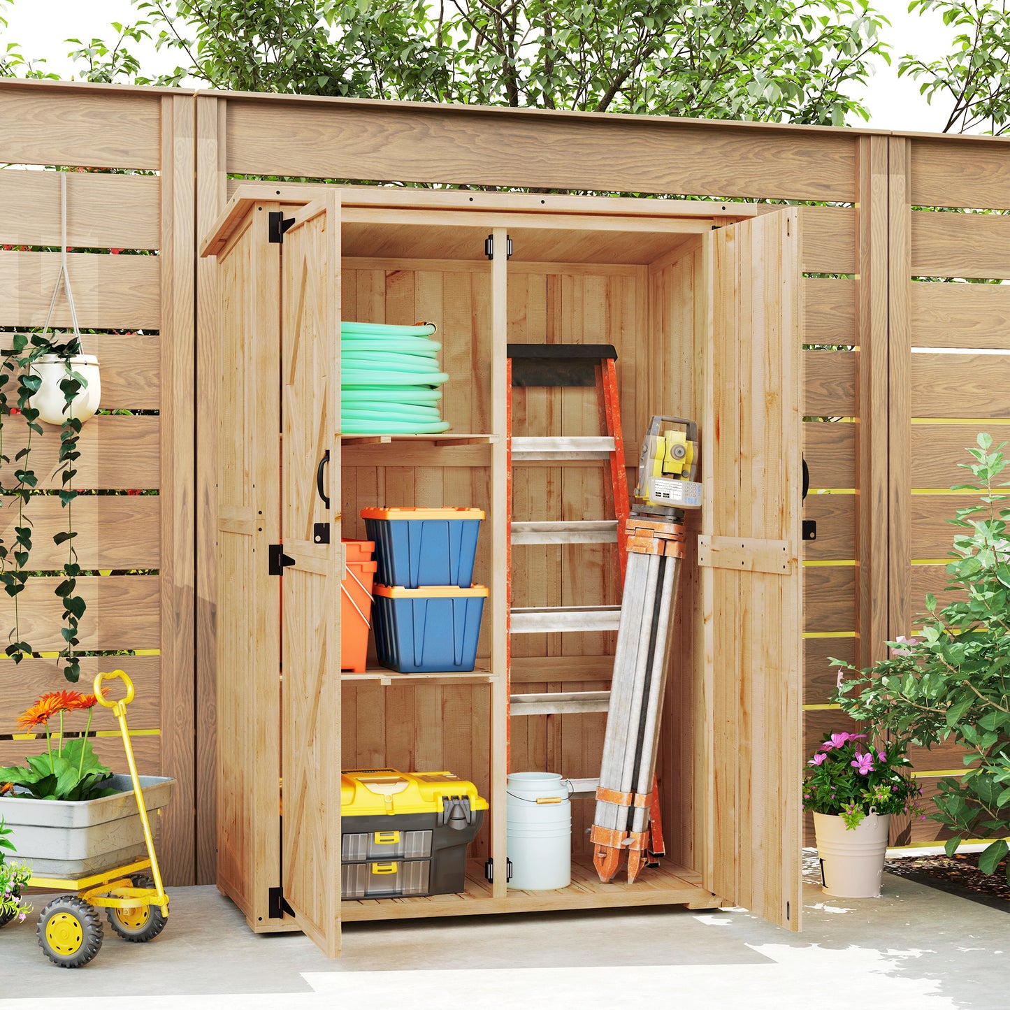 Wooden Garden Storage Shed, Tool Storage Cabinet with Asphalt Roof and 2 Shelves for Garden Tools, Equipment, Outdoor Tool Shed with Double Doors, Natural