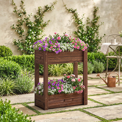 2-Tier Wooden Raised Planter, Raised Garden Bed on Legs with Drainage Holes and Bed Liner, Elevated Garden Planter