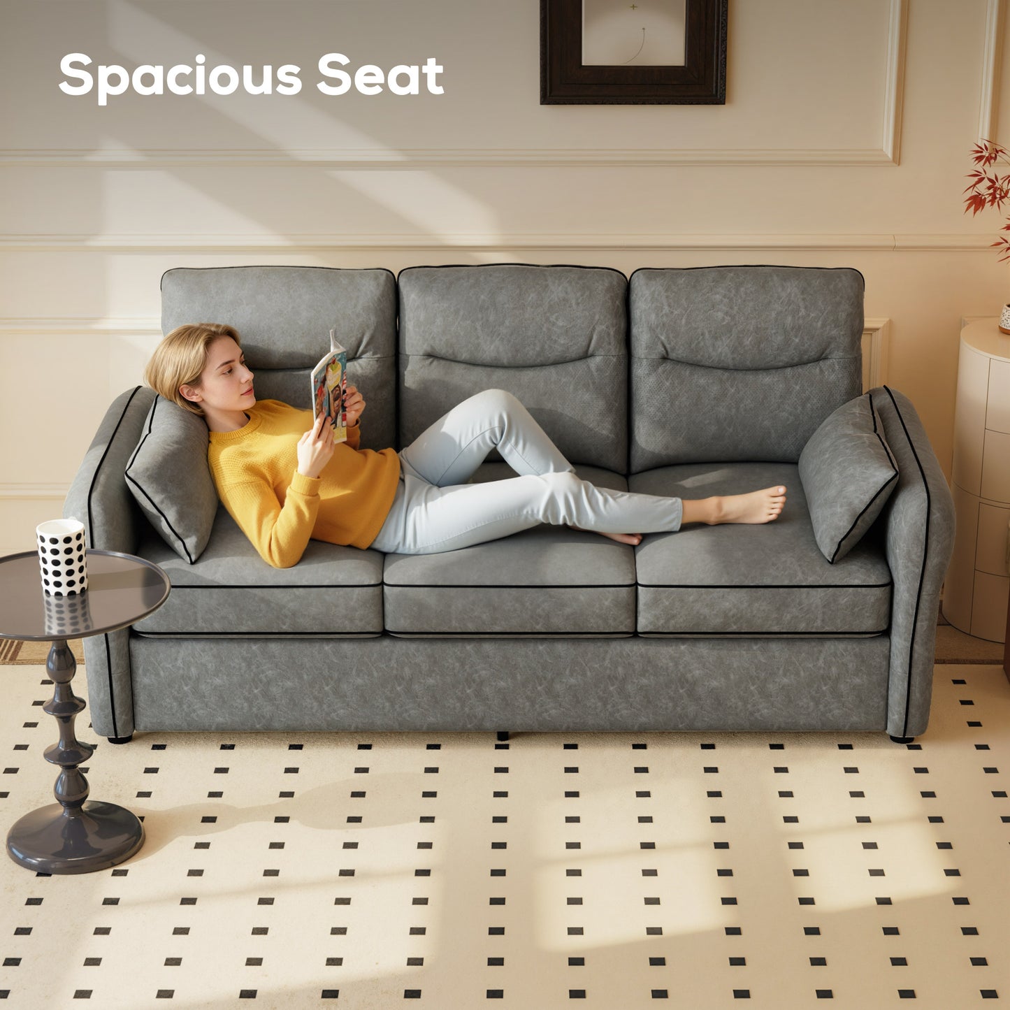 3-Seater Faux Leather Sofa | S-Spring Support | 20cm Seat | Side Pockets | 2 Pillows | Fire-Retardant | 330kg | 190cm | Grey