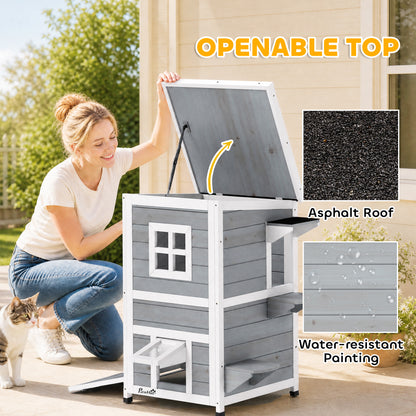 2-Floor Wooden Outdoor Cat House | Fir Wood | Water-Resistant Paint | Elevated Base | Jump Platforms | 3 Doors & Windows | Openable Roof | Litter Tray Space | Max 5kg Per Cat | 51x51x81.3cm | Grey