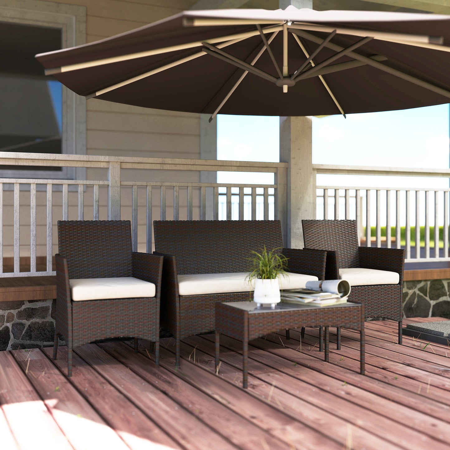 4-Piece PE Rattan Garden Sofa Set | Loveseat | 2 Armchairs | Tempered Glass Coffee Table | Powder-Coated Steel Frame | 2000h UV-Resistant PE Rattan | 5cm Zip Cushions | Protective Foot Pads | 240kg Loveseat Capacity | Brown