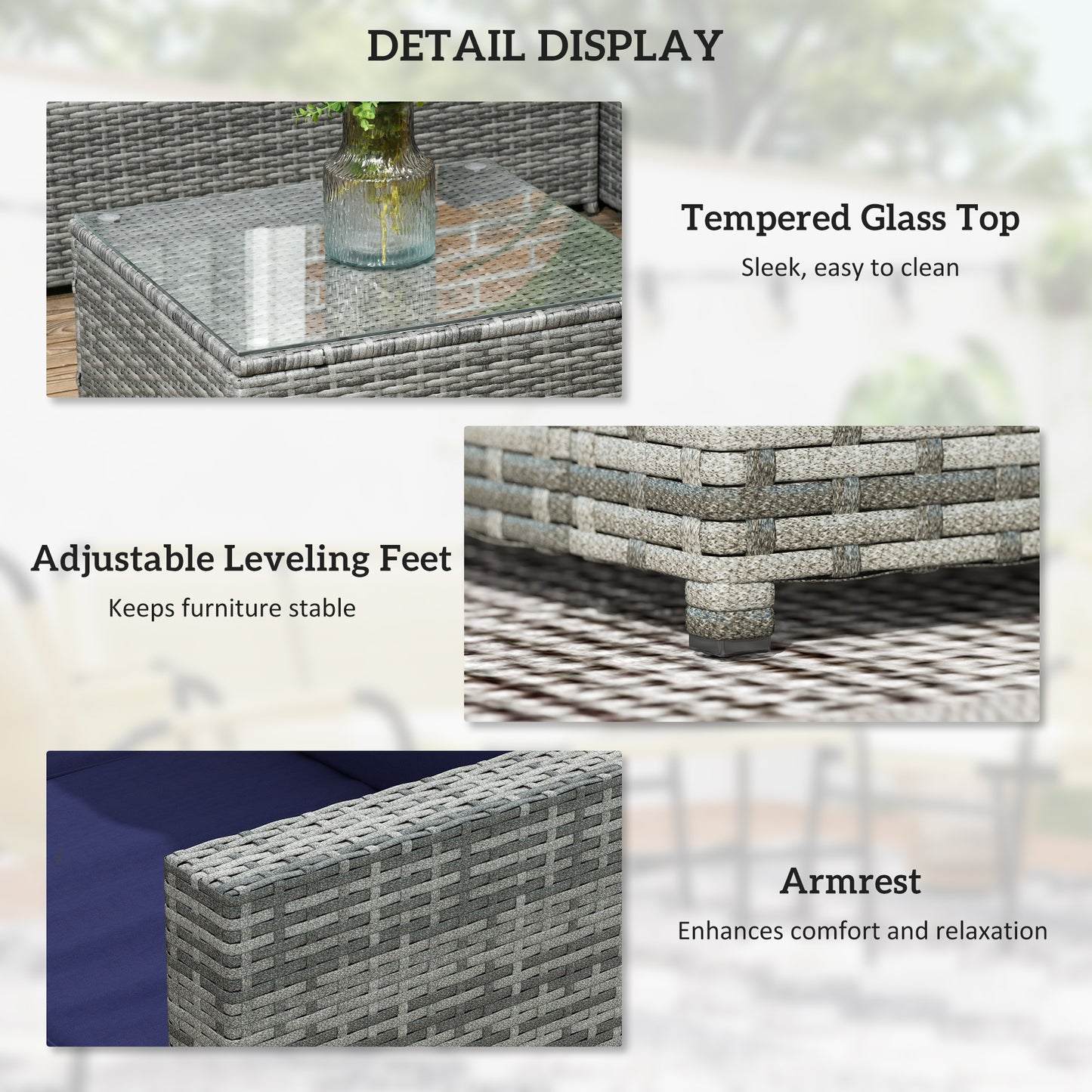 PE Rattan Garden Furniture Set with 10 cm Thick Cushions, 4 Seater Garden Corner Sofa Set W/ Glass Top Coffee Table, Outdoor Furniture