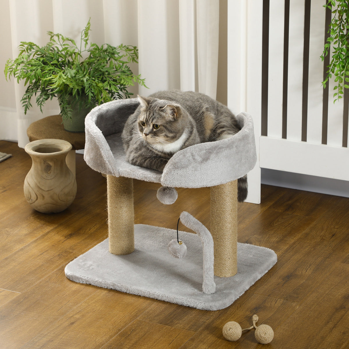 PawHut Designer Cat Tree Scratching Post | Light Grey | 48x38x42cm | 2 Jute Posts | 2 Hanging Pom-Pom Toys | 220g/m² Plush | Observation Platform | E1 Particleboard | Cats Under 5kg