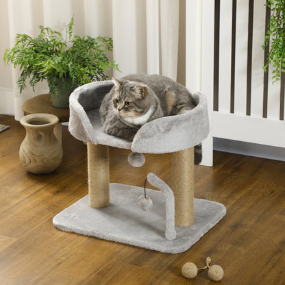 PawHut Designer Cat Tree Scratching Post | Light Grey | 48x38x42cm | 2 Jute Posts | 2 Hanging Pom-Pom Toys | 220g/m² Plush | Observation Platform | E1 Particleboard | Cats Under 5kg