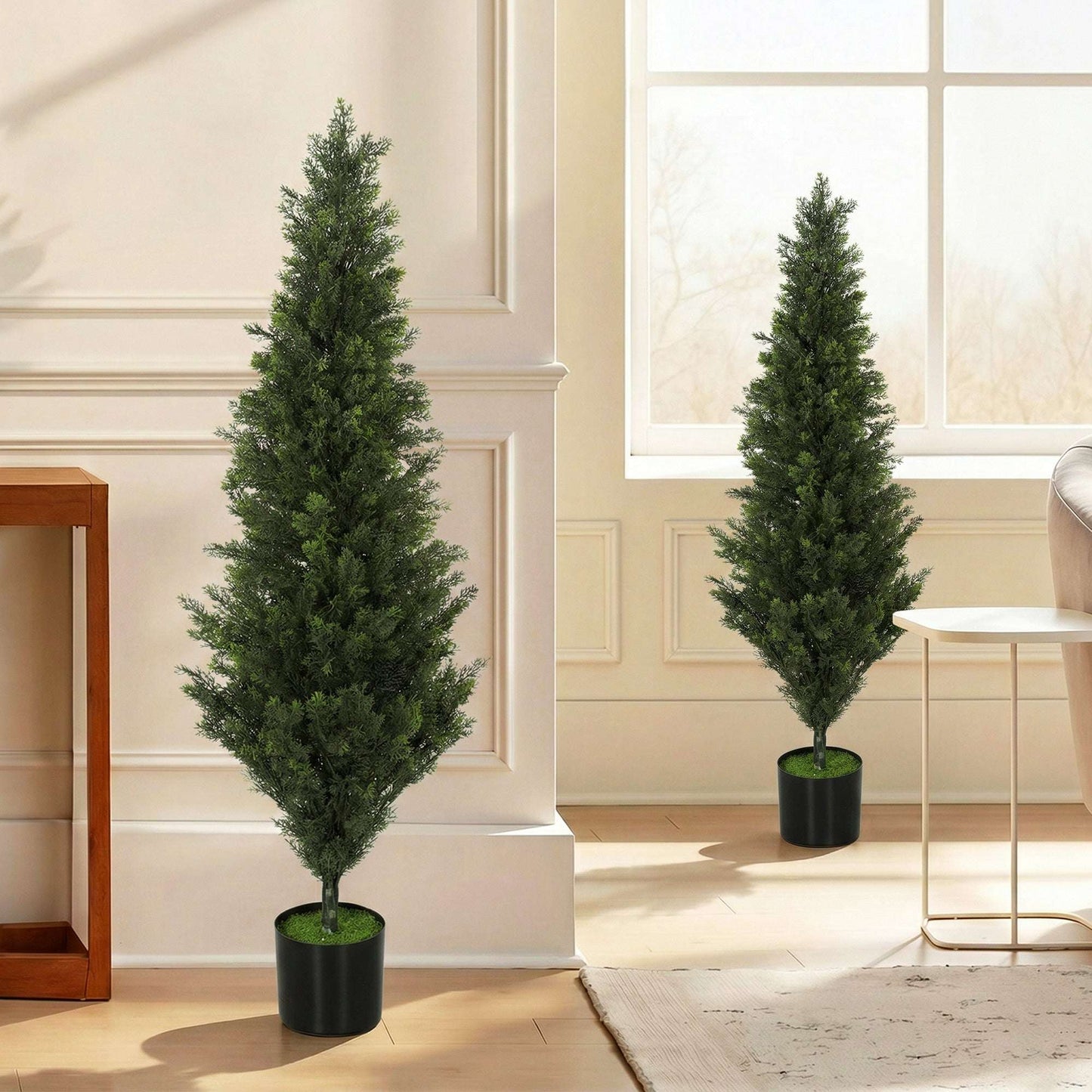 Set of 2 Artificial Cypress Trees | 120cm | 1092 PE Leaves | Shapeable Branches | Cement Base | No Maintenance | Green