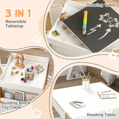 Three-Piece Kids Table and Chair Set with Blackboard, Storage, Bookshelves - Natural Wood