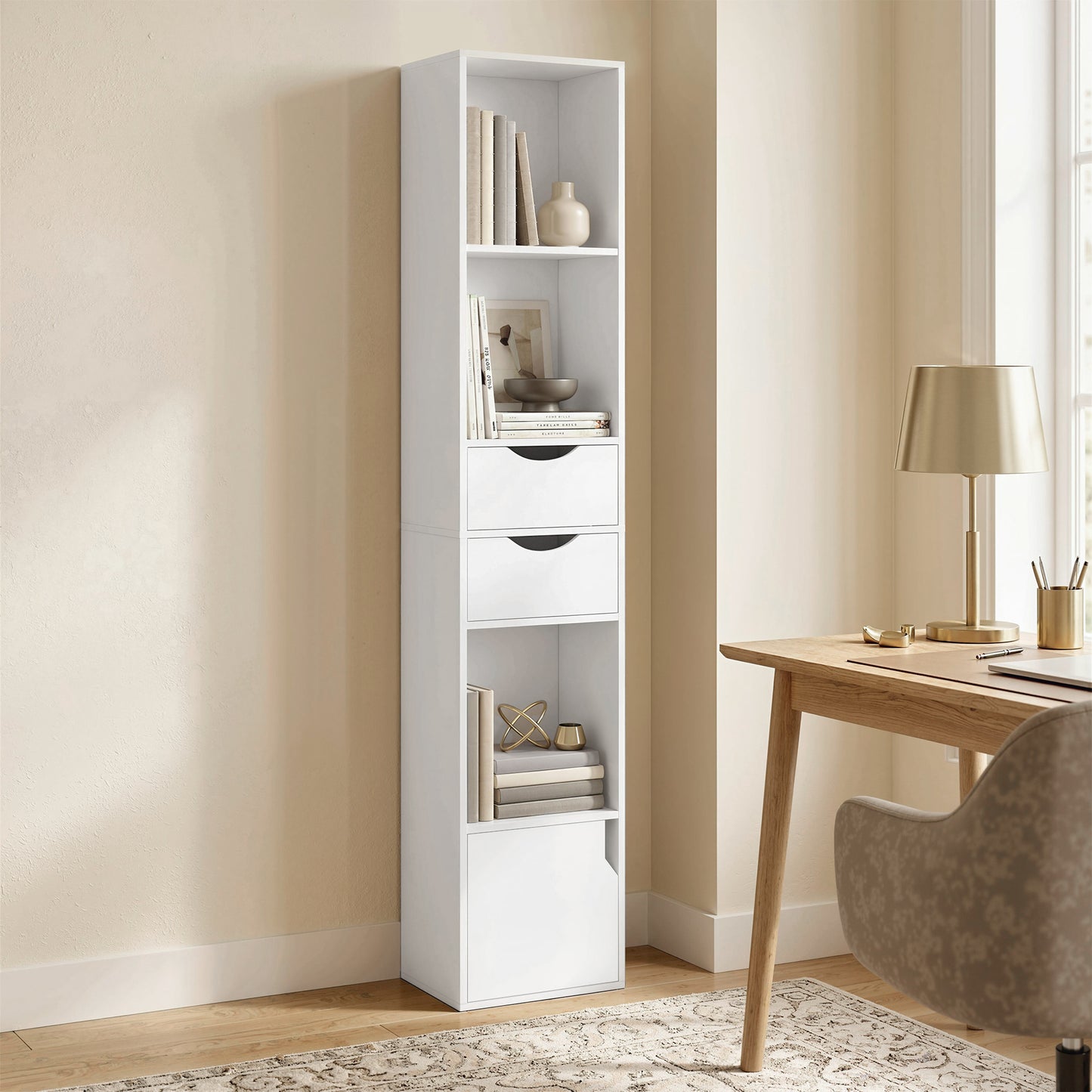 Bookcase with Drawers Adjustable Shelf Bookshelf with 2 Drawers and Cabinet 158cm, White / Grey