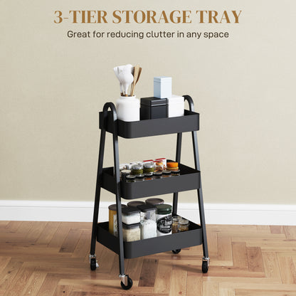 3-Tier Storage Trolley on Wheels - Black